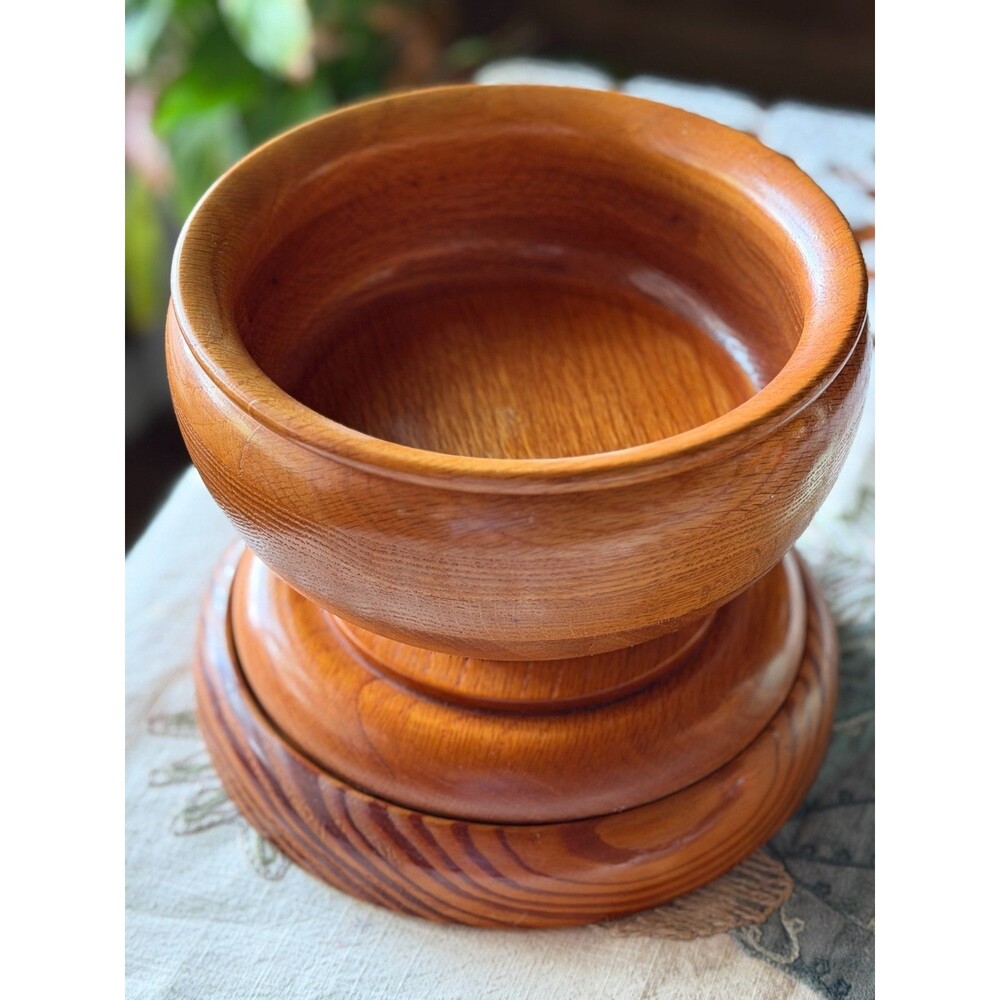 Vintage Hand Turned Wood Pedestal Bowl Compote Rustic Farmhouse 8.25" with base